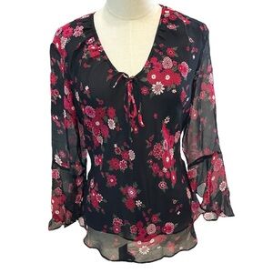 Womens 90s Y2K Silk Dark Floral Top M Fairy Grunge Whimsigoth Spring Festival